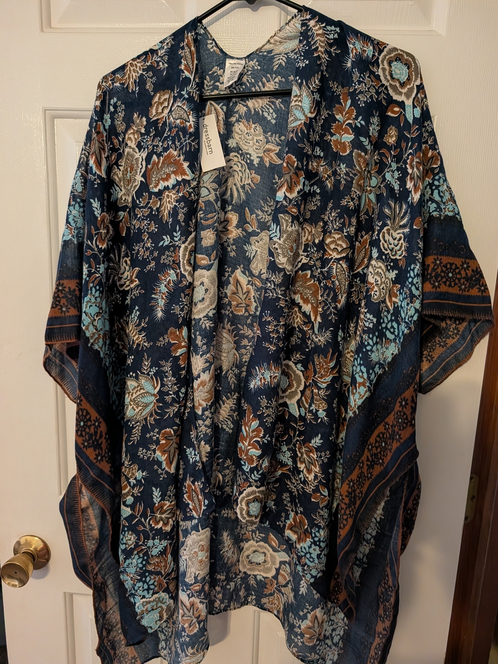 dressbarn Navy Floral Open-Front Kimono with Teal and Brown Accents
